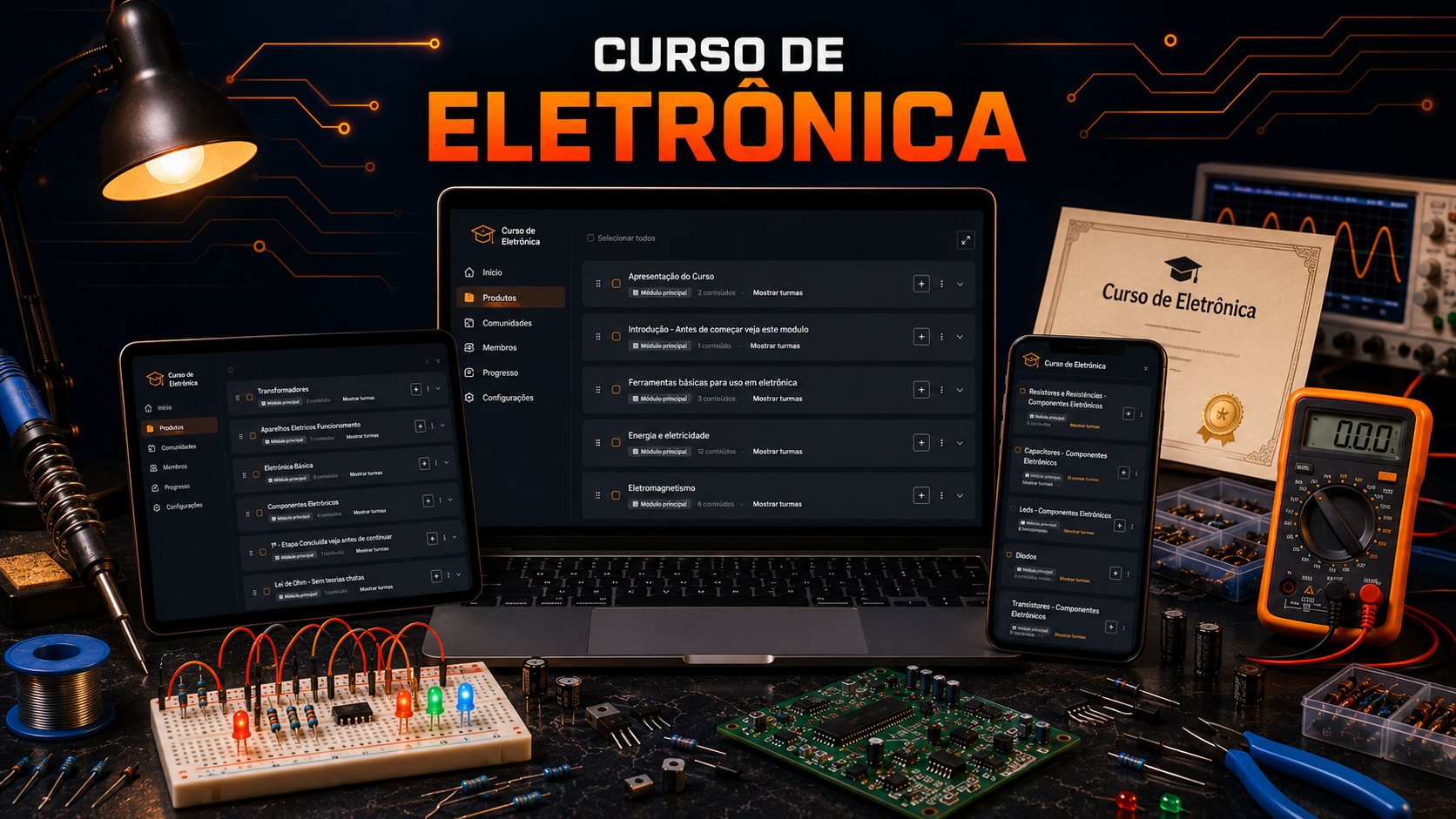 Curso de eletrônica acessível em laptop, tablet e celular