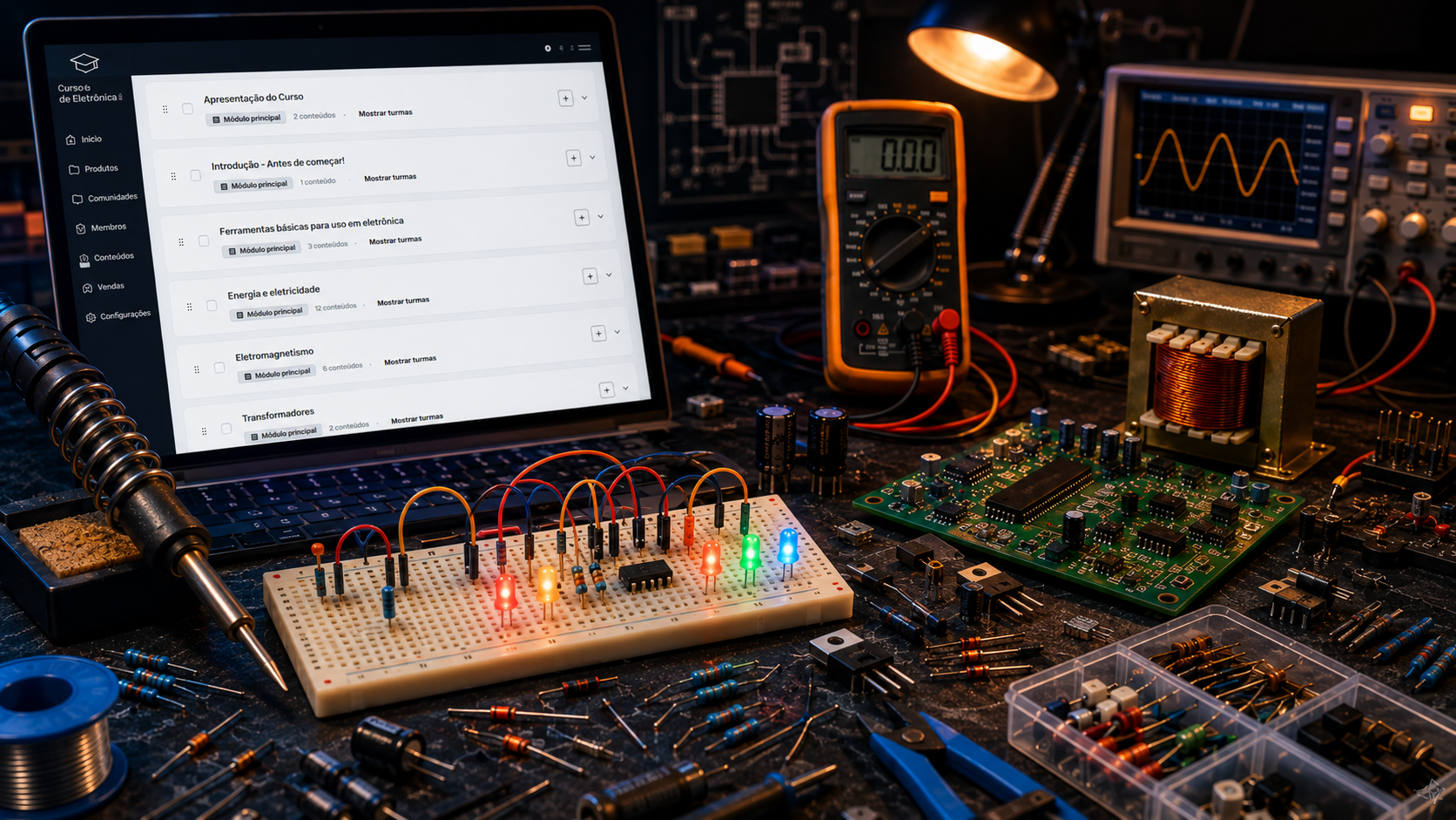 Protoboard com LEDs, multímetro e componentes eletrônicos