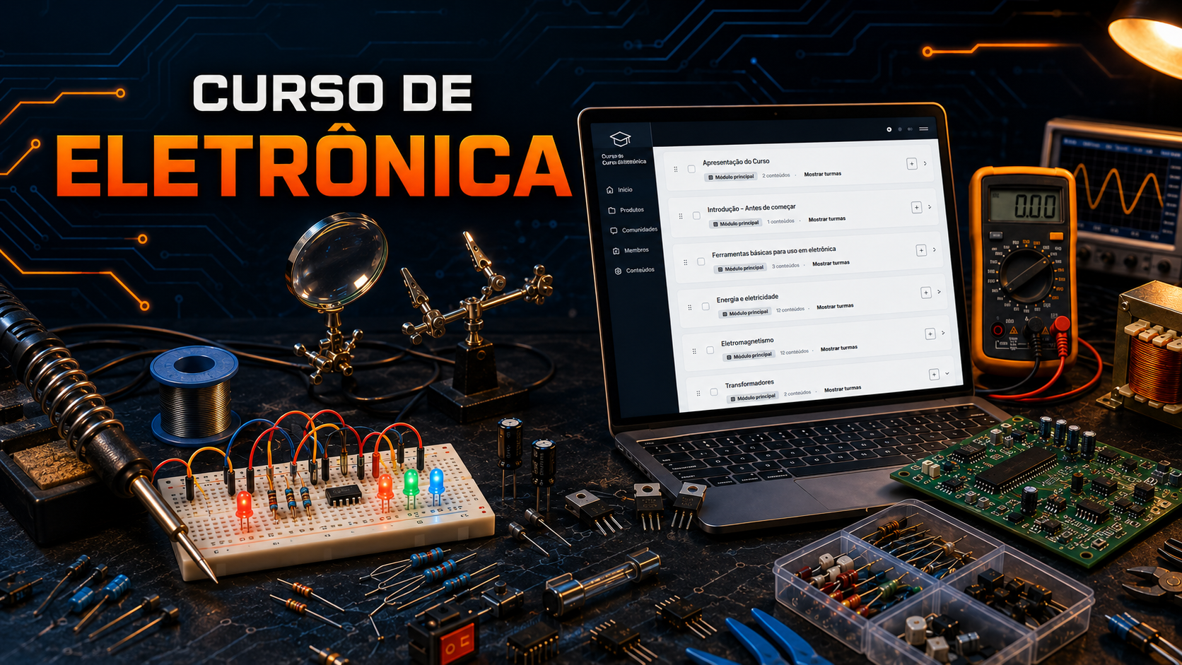 Capa do curso de eletrônica com plataforma Hotmart e bancada