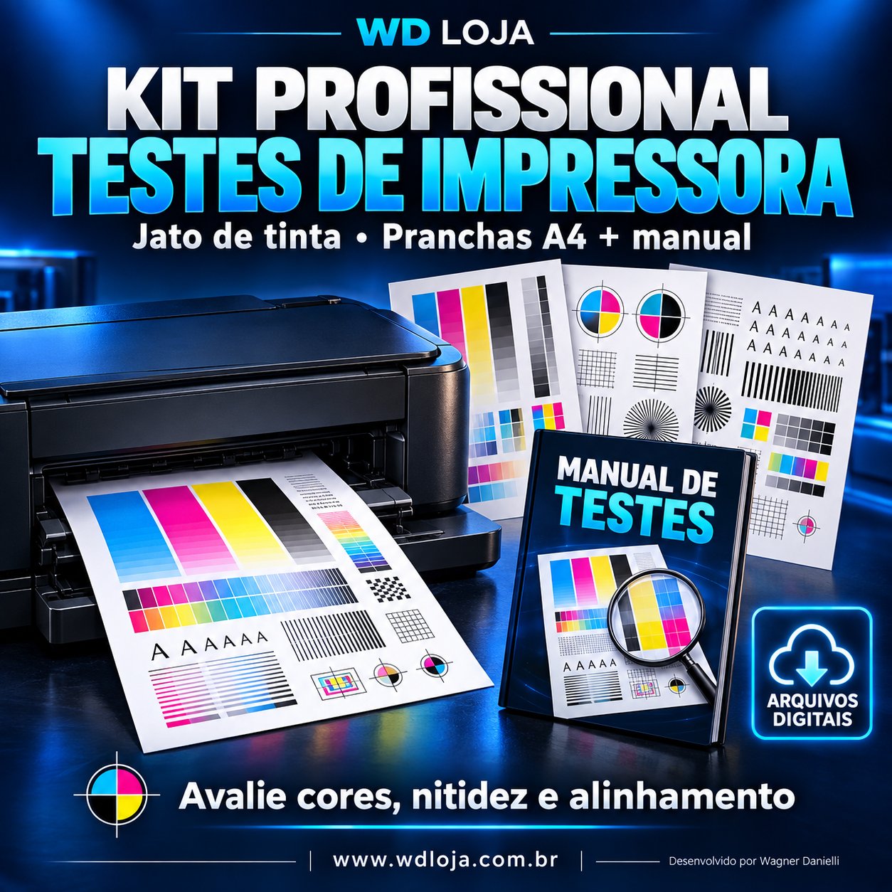 Kit Profissional de Testes de Impressora WD Loja - pranchas A4 + manual digital