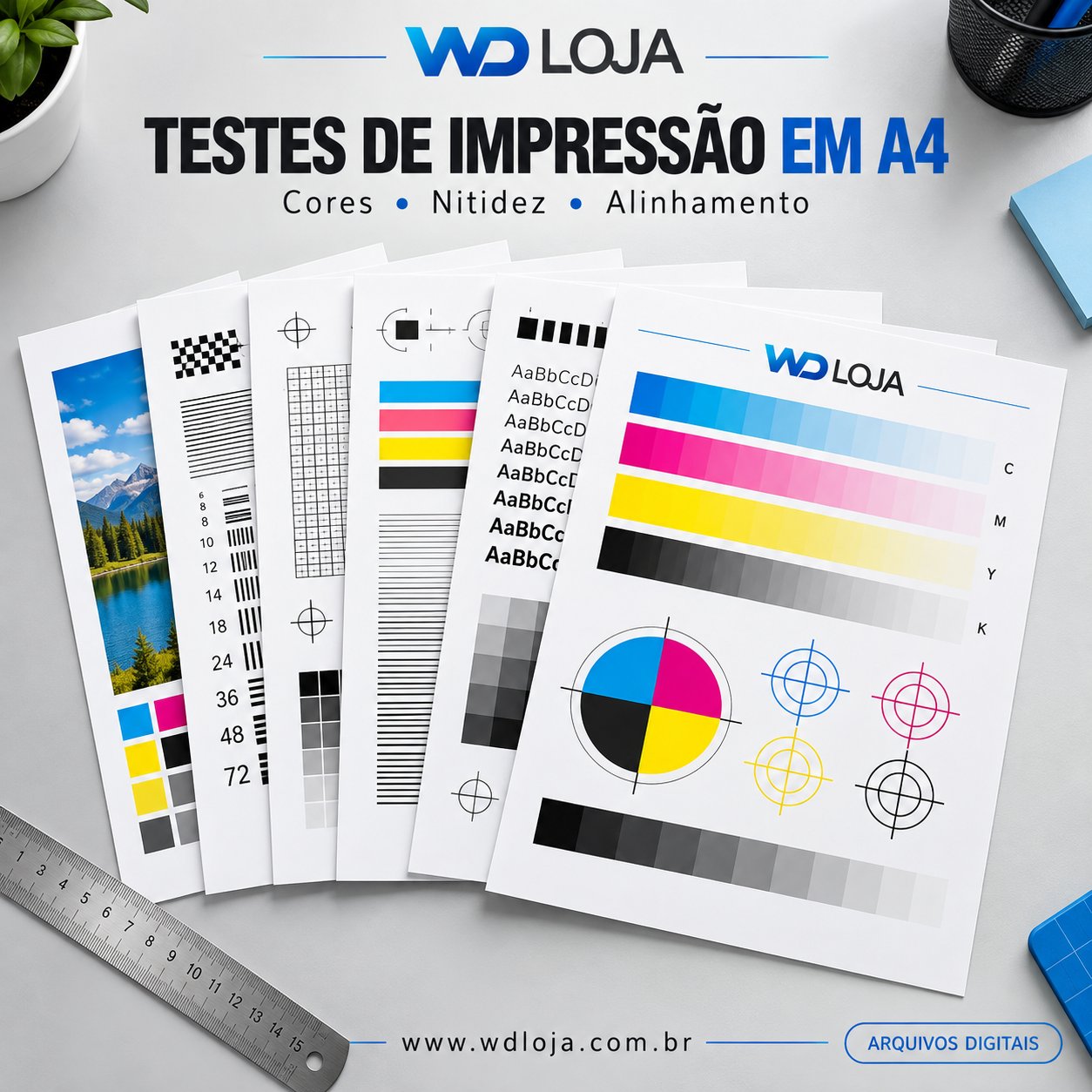 Pranchas de teste de impressao A4 - cores, nitidez e alinhamento